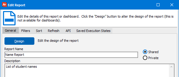 The edit report dialog. The general tab is selected showing the design button, the report name text box, and the description text box.